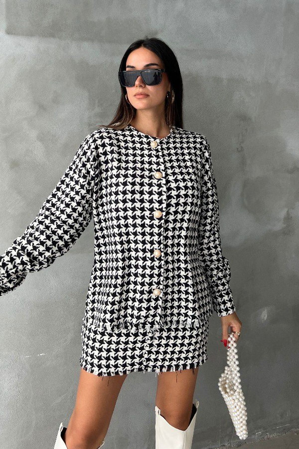 2 Pieces: Checked Round Neck Buttoned Jacket & Mid Rise Mini Skirt