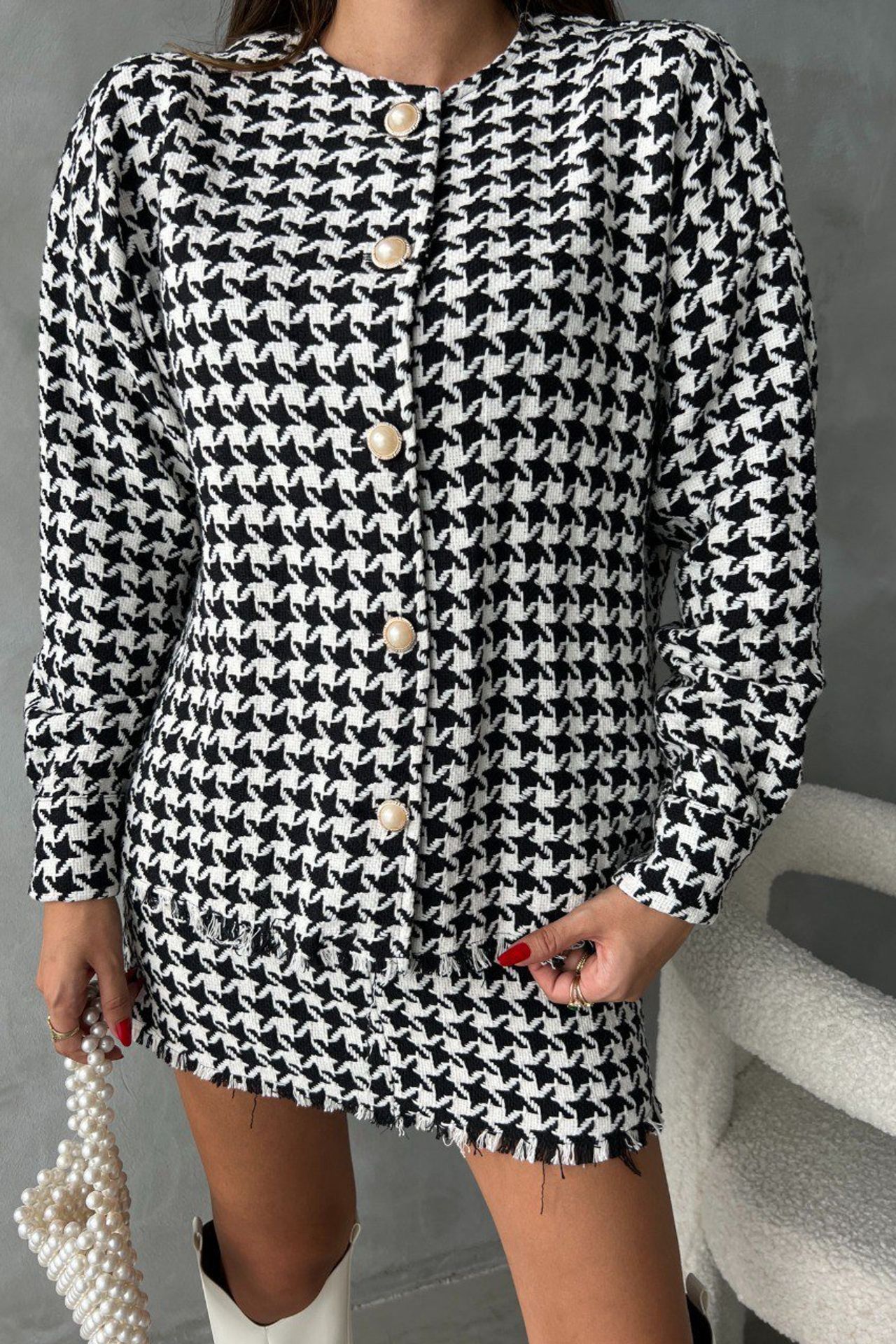 2 Pieces: Checked Round Neck Buttoned Jacket & Mid Rise Mini Skirt