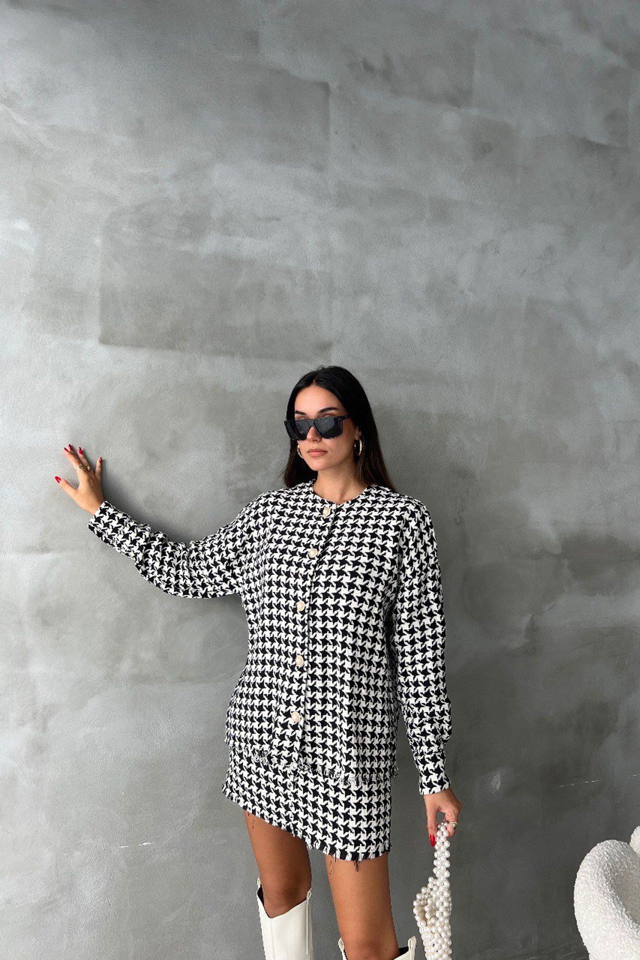 2 Pieces: Checked Round Neck Buttoned Jacket & Mid Rise Mini Skirt