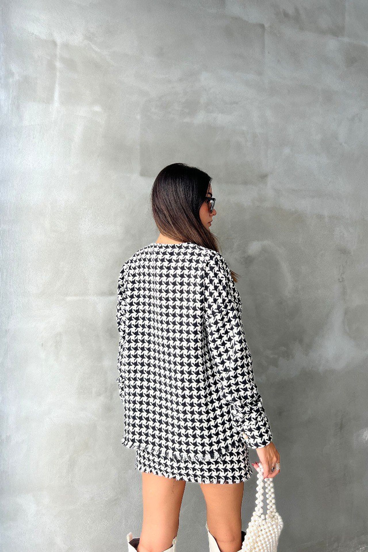 2 Pieces: Checked Round Neck Buttoned Jacket & Mid Rise Mini Skirt