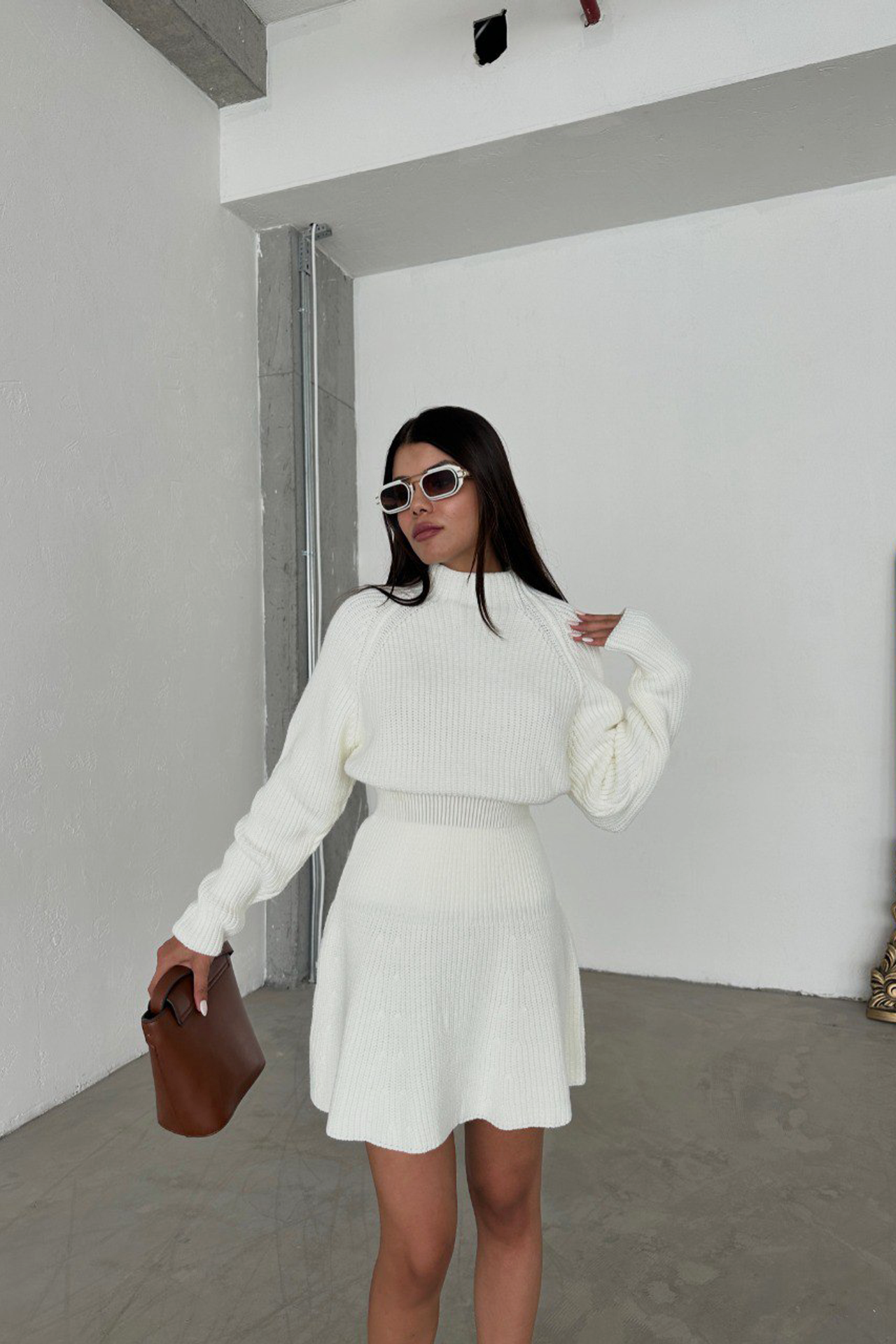 2 Pieces: High Neck Knitted Sweater & High Waist Skater Skirt