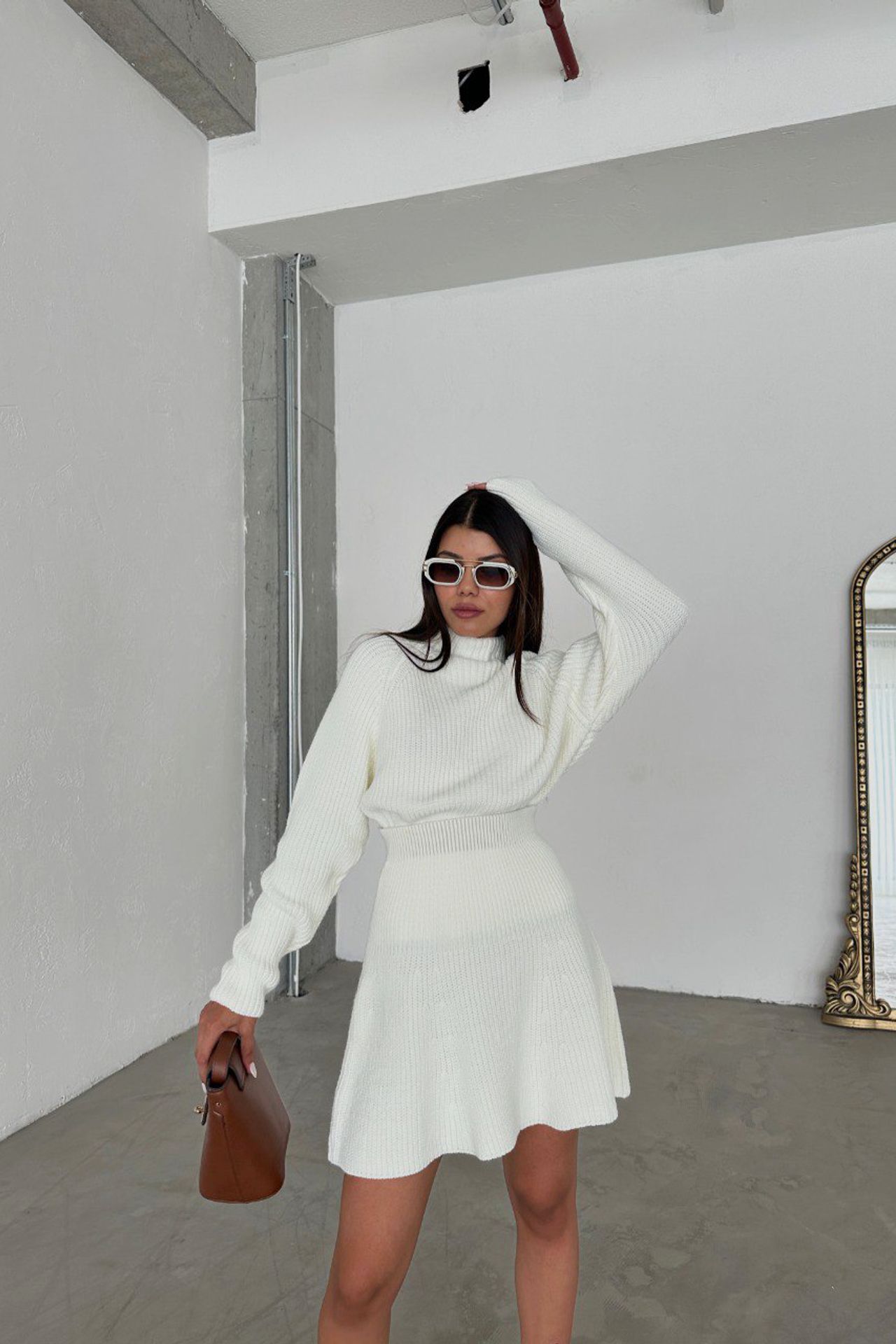 2 Pieces: High Neck Knitted Sweater & High Waist Skater Skirt