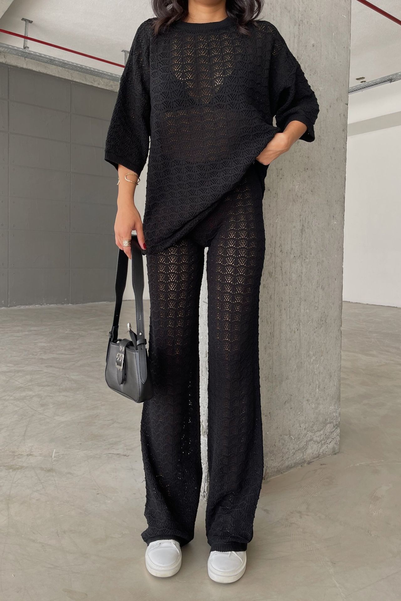 2 Pieces: Round Neck Mesh Short Sleeve Top & High Waist Straight Leg Trousers