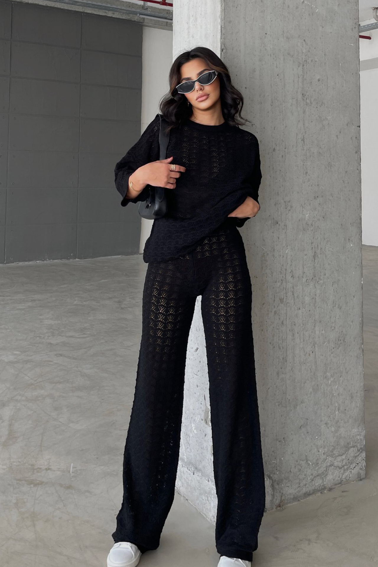 2 Pieces: Round Neck Mesh Short Sleeve Top & High Waist Straight Leg Trousers