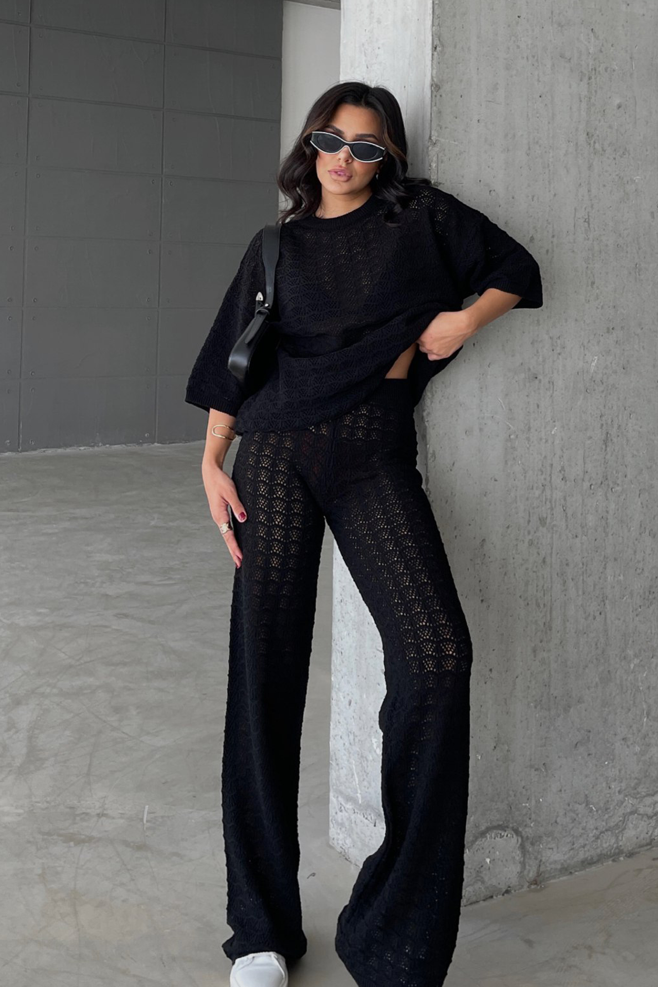 2 Pieces: Round Neck Mesh Short Sleeve Top & High Waist Straight Leg Trousers