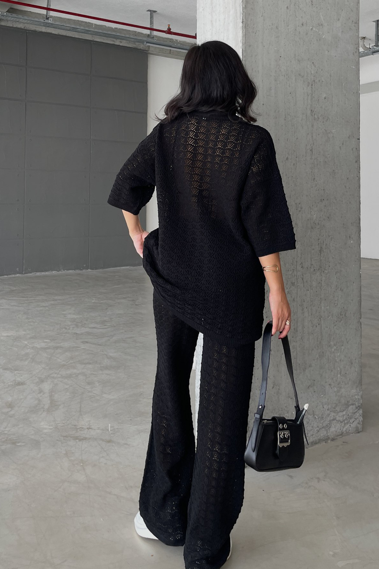 2 Pieces: Round Neck Mesh Short Sleeve Top & High Waist Straight Leg Trousers
