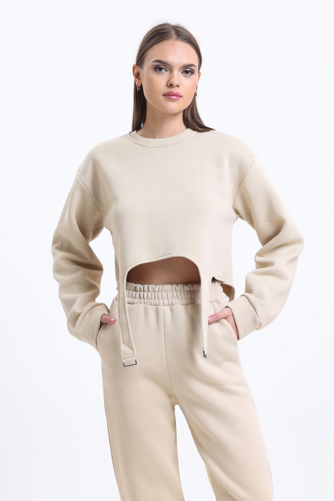 2 Pieces: Crew Neck Sweatshirt with a Belt Detail & High Waist Jogger with a Elastic Waist