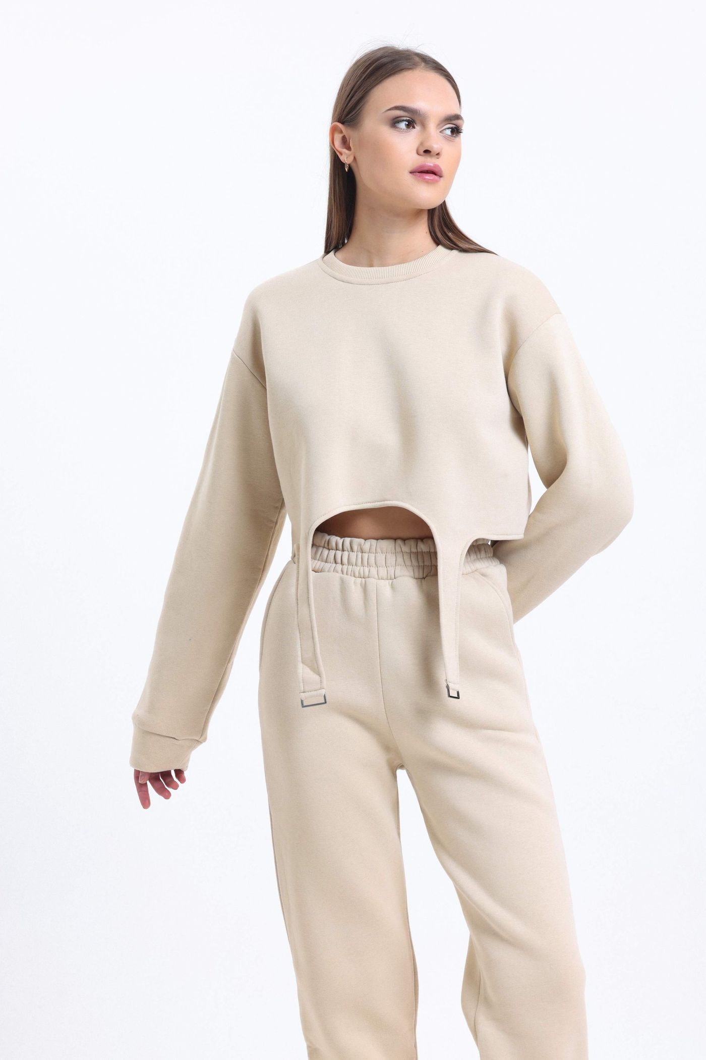 2 Pieces: Crew Neck Sweatshirt with a Belt Detail & High Waist Jogger with a Elastic Waist