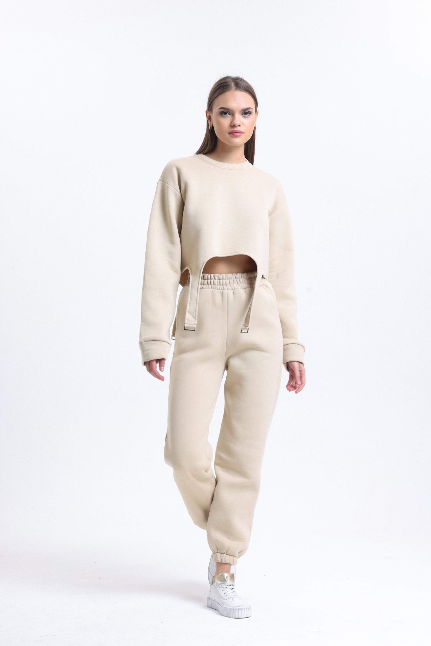 2 Pieces: Crew Neck Sweatshirt with a Belt Detail & High Waist Jogger with a Elastic Waist