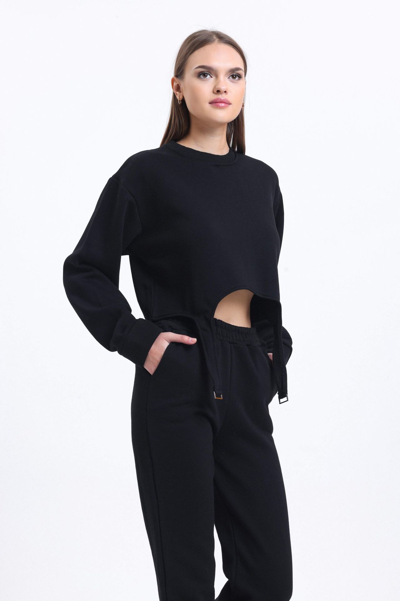 2 Pieces: Crew Neck Sweatshirt with a Belt Detail & High Waist Jogger with a Elastic Waist