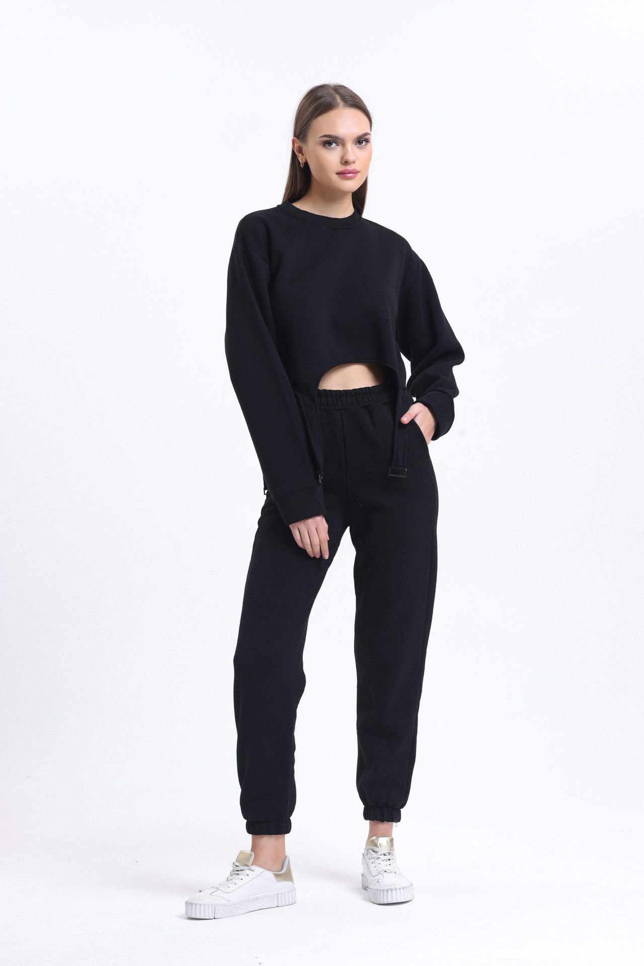 2 Pieces: Crew Neck Sweatshirt with a Belt Detail & High Waist Jogger with a Elastic Waist