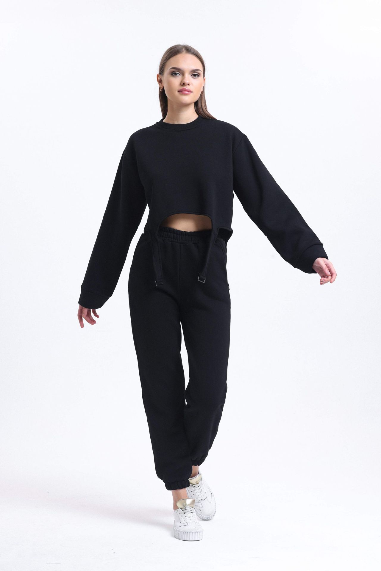 2 Pieces: Crew Neck Sweatshirt with a Belt Detail & High Waist Jogger with a Elastic Waist