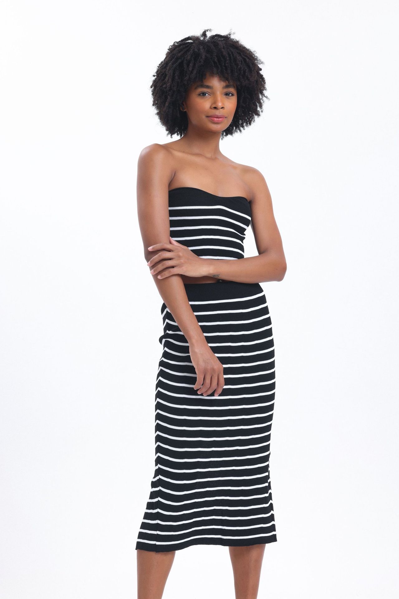 2 Pieces: Striped Strapless Knitted Short Sleeve Crop Top & Mid Rise Slit Maxi Skirt