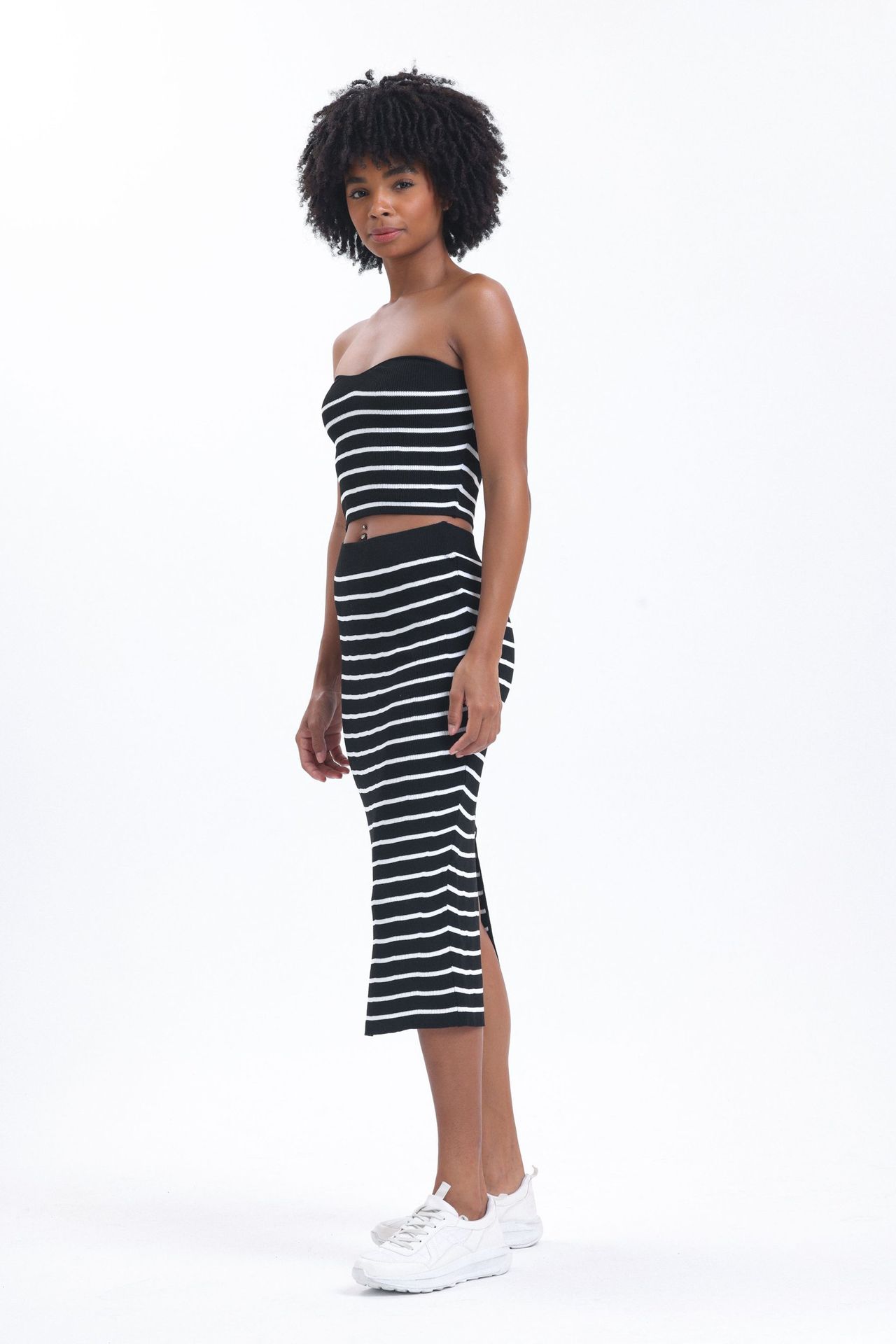 2 Pieces: Striped Strapless Knitted Short Sleeve Crop Top & Mid Rise Slit Maxi Skirt