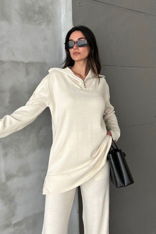 Knitted Sweater with Zippered Neck & Mid Rise Wide Leg Trousers 4