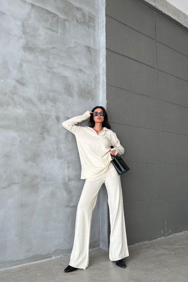 Knitted Sweater with Zippered Neck & Mid Rise Wide Leg Trousers 2