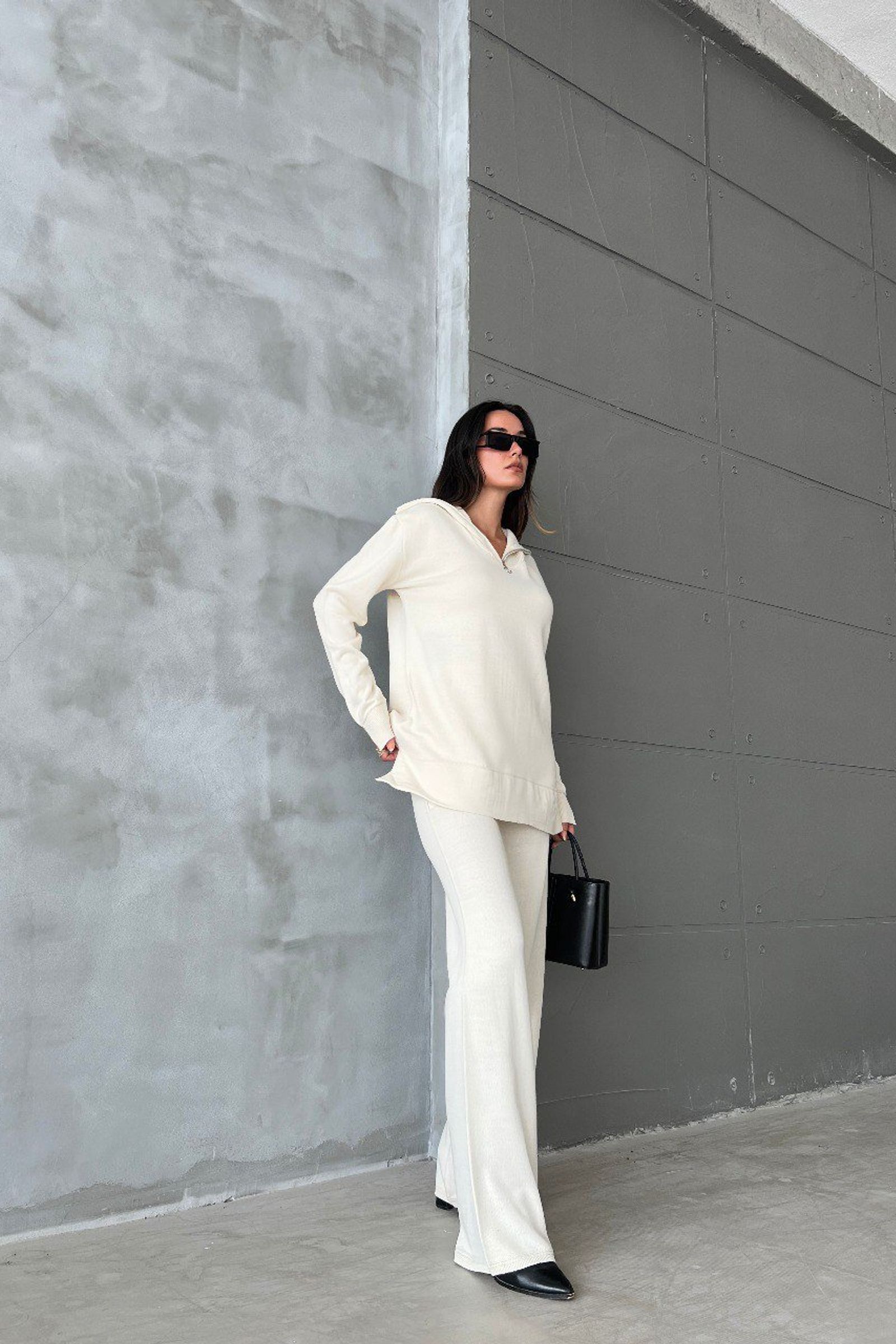 2 Pieces: Knitted Sweater with a Zippered Neck & Mid Rise Wide Leg Trousers