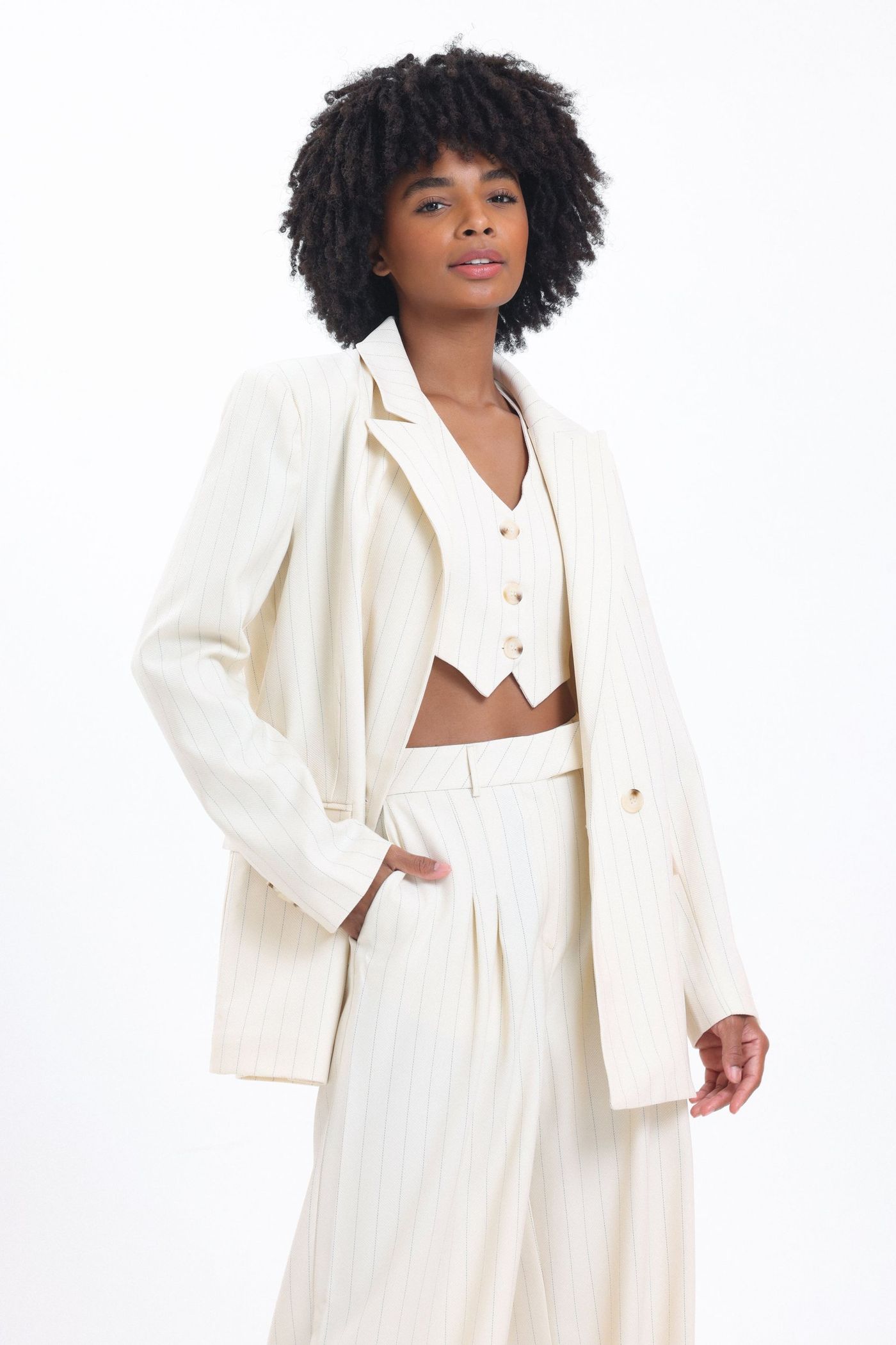 3 Pieces: Striped Collar Oversized Blazer & V Neck Buttoned Waistcoat & High Waist Pleated Wide Leg Trousers