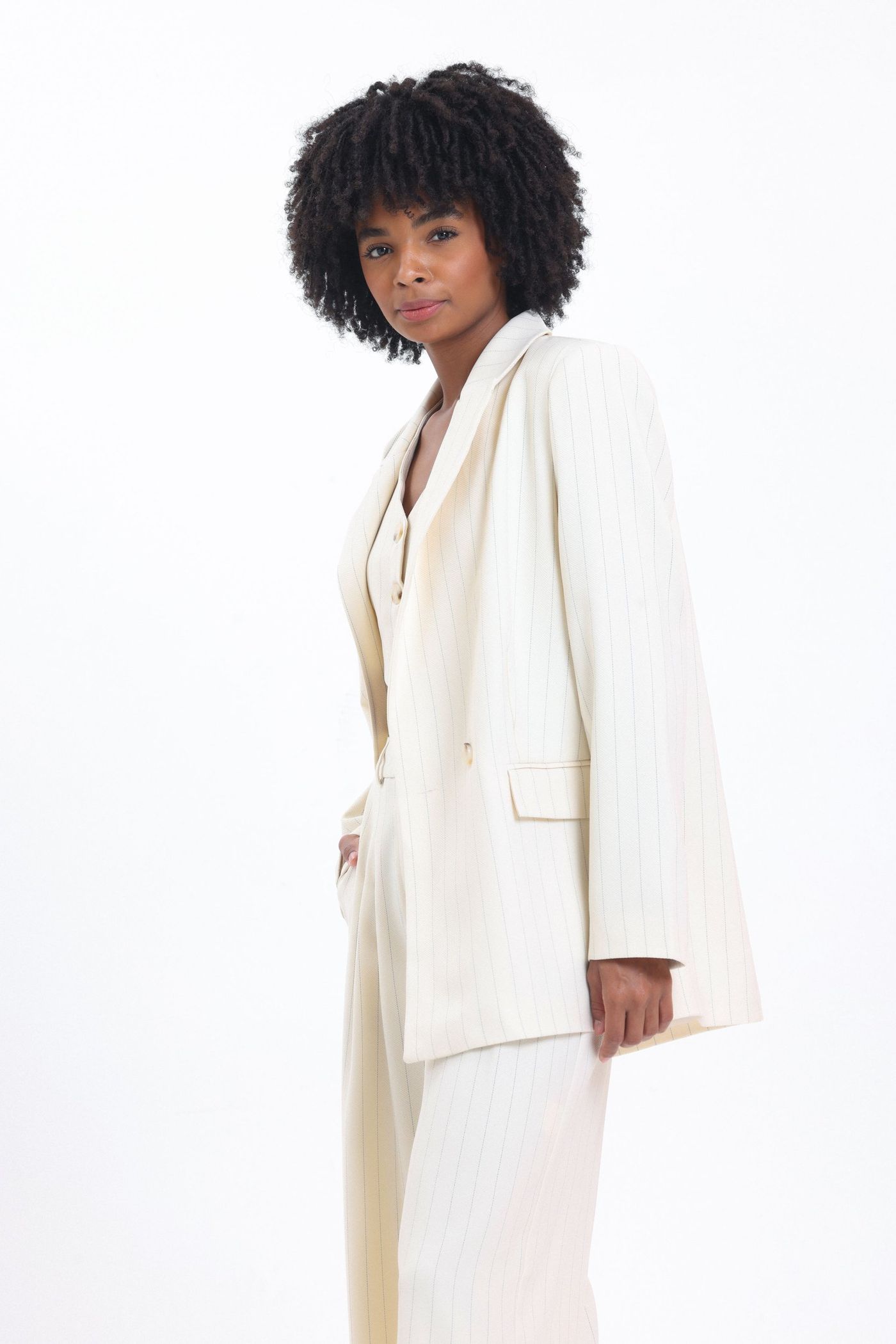 3 Pieces: Striped Collar Oversized Blazer & V Neck Buttoned Waistcoat & High Waist Pleated Wide Leg Trousers