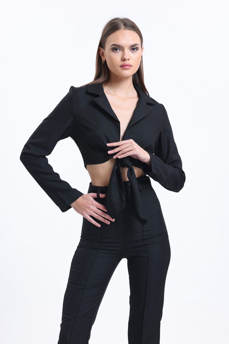 Cropped Shirt & High Waist Trousers with Tie Up Detail 2
