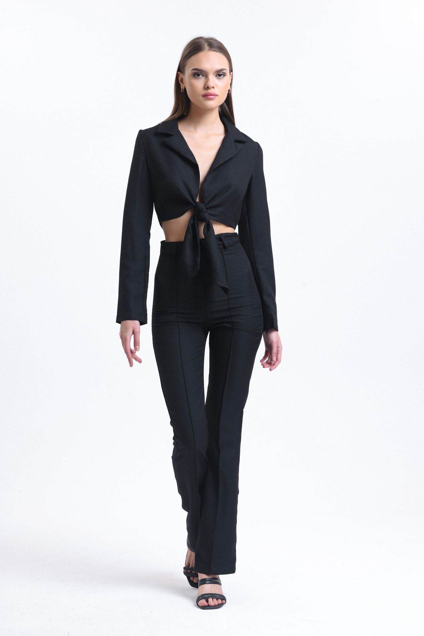 2 Pieces: Cropped Shirt with a Tie Up Detail & High Waist Straight Leg Trousers