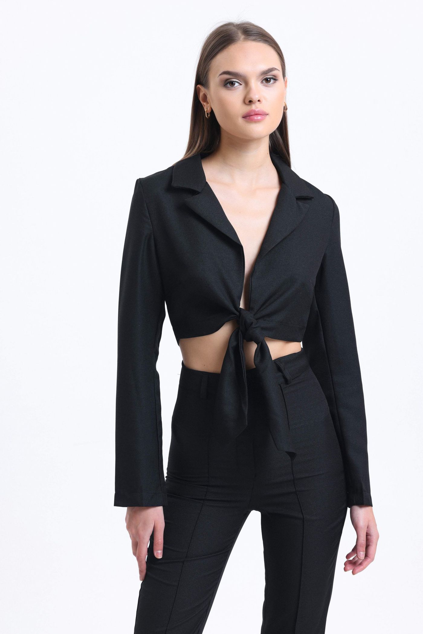 2 Pieces: Cropped Shirt with a Tie Up Detail & High Waist Straight Leg Trousers