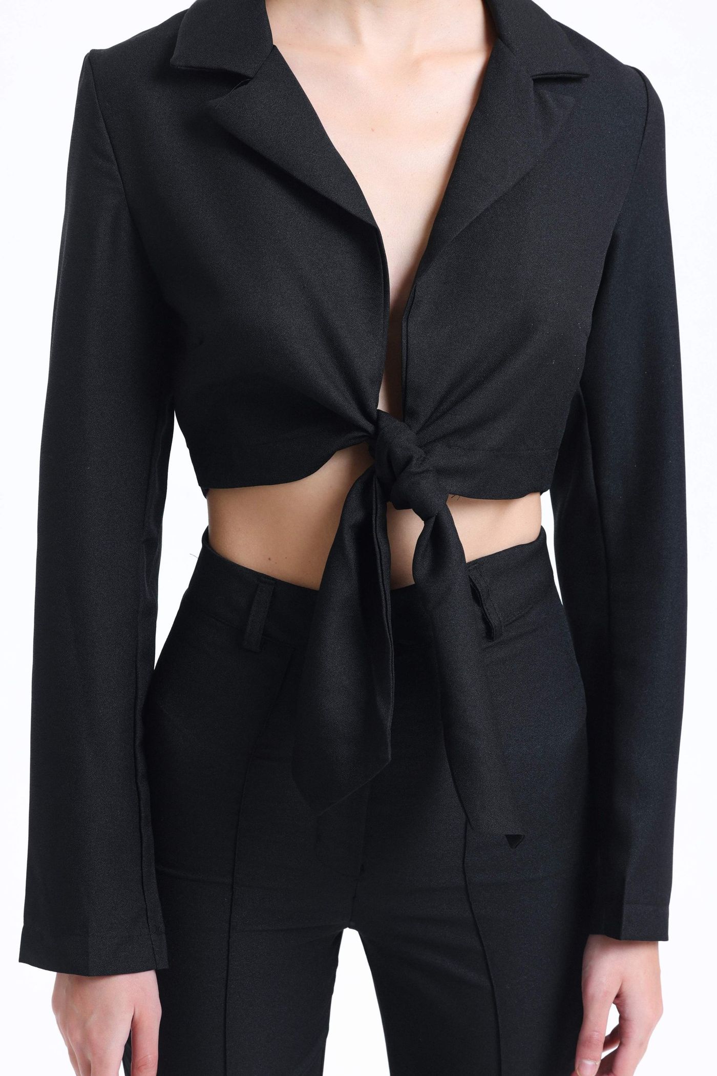 2 Pieces: Cropped Shirt with a Tie Up Detail & High Waist Straight Leg Trousers