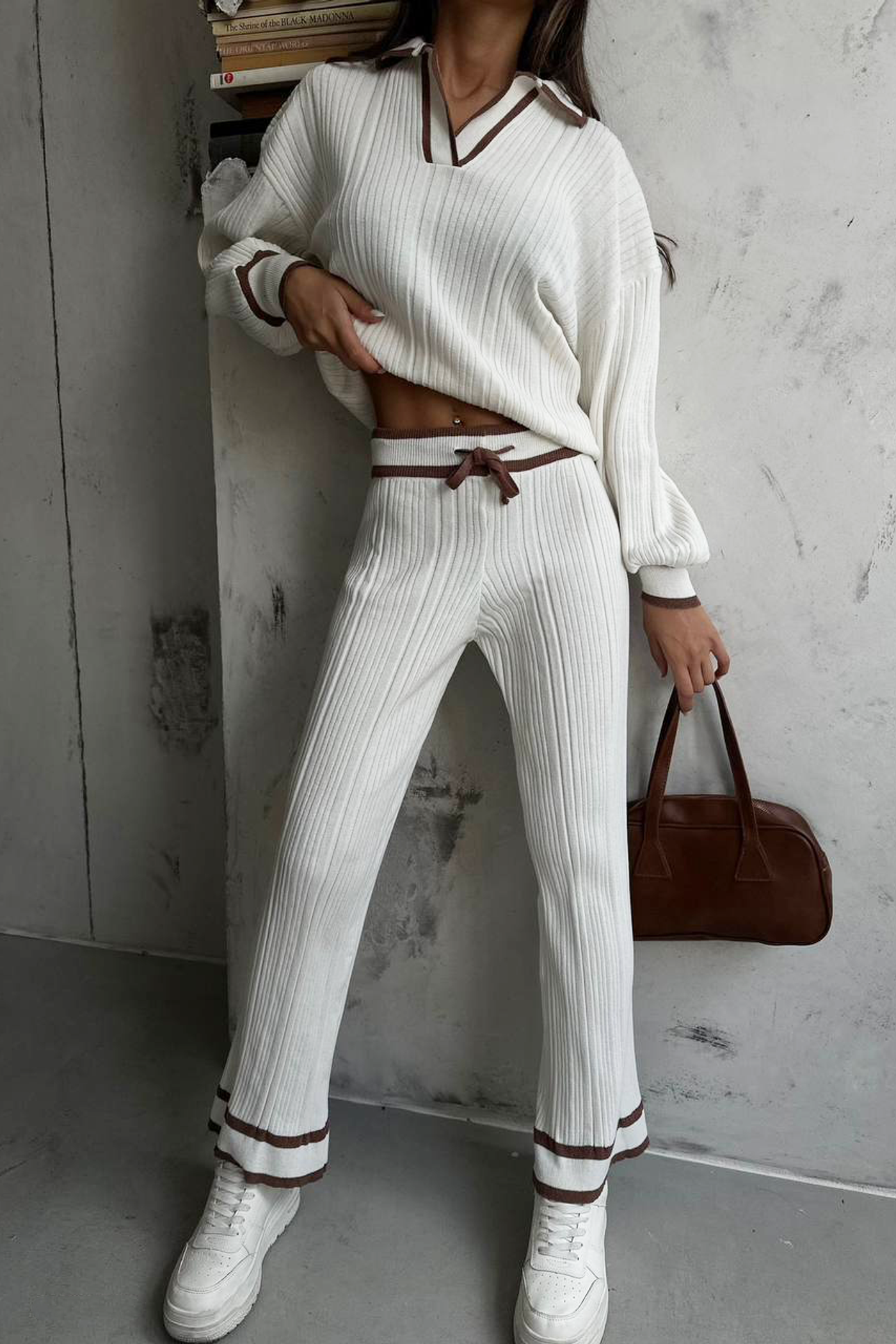 2 Pieces: Polo Collar Knitted Long Sleeve Top with a Brown Detail & Mid Rise Drawstring Straight Leg Trousers