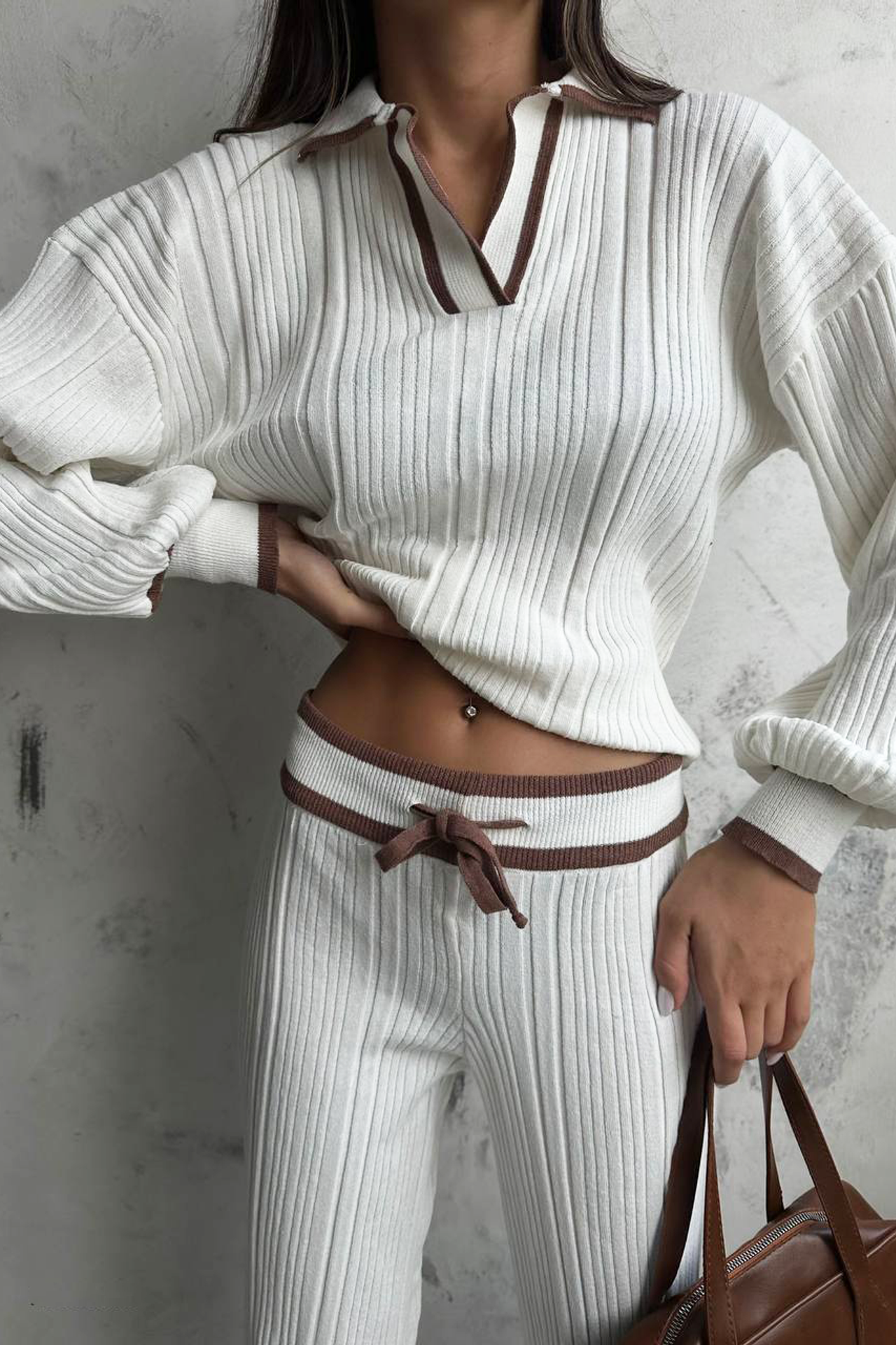 2 Pieces: Polo Collar Knitted Long Sleeve Top with a Brown Detail & Mid Rise Drawstring Straight Leg Trousers