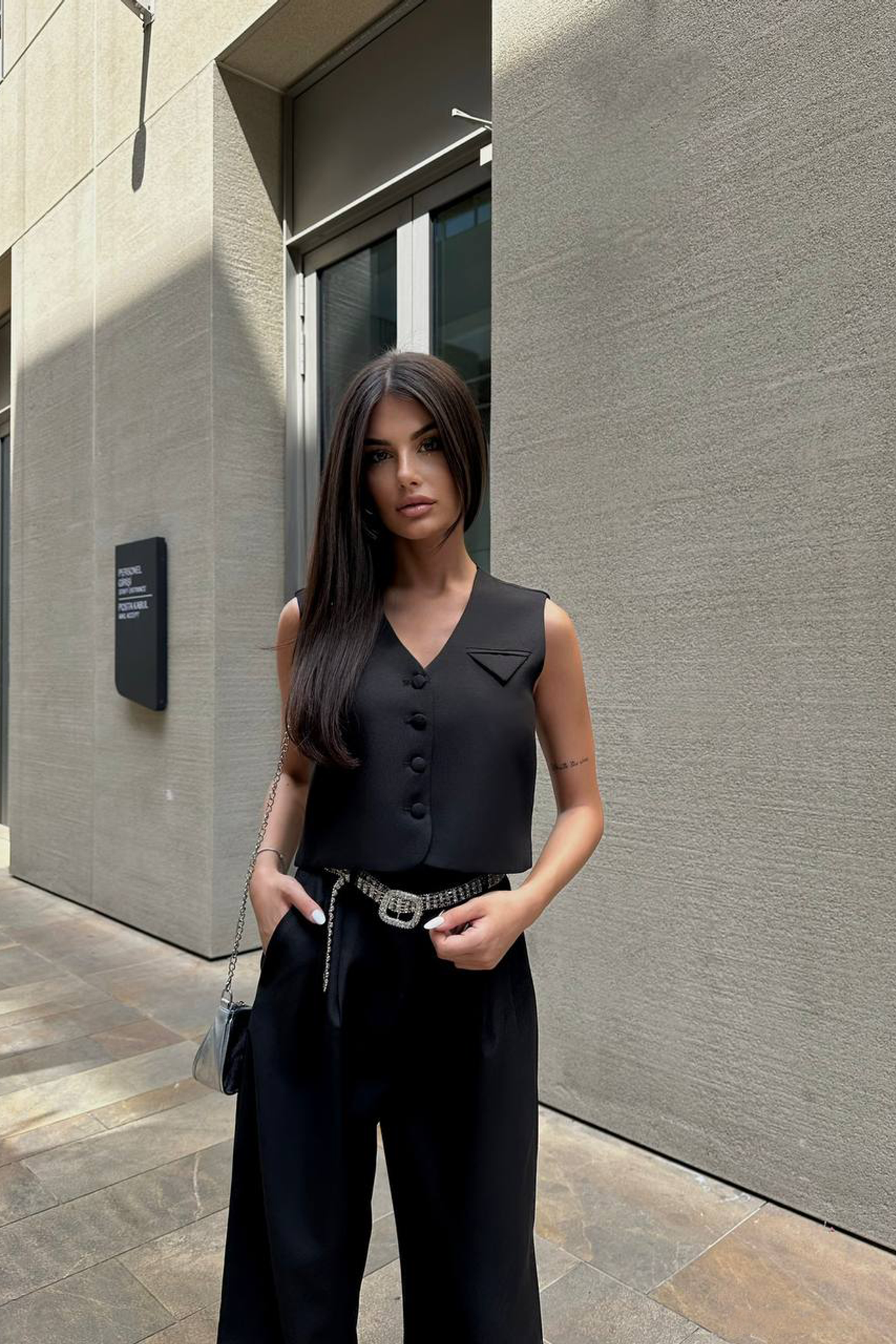 2 Pieces: V Neck Pocket Buttoned Waistcoat & High Waist Wide Leg Trousers