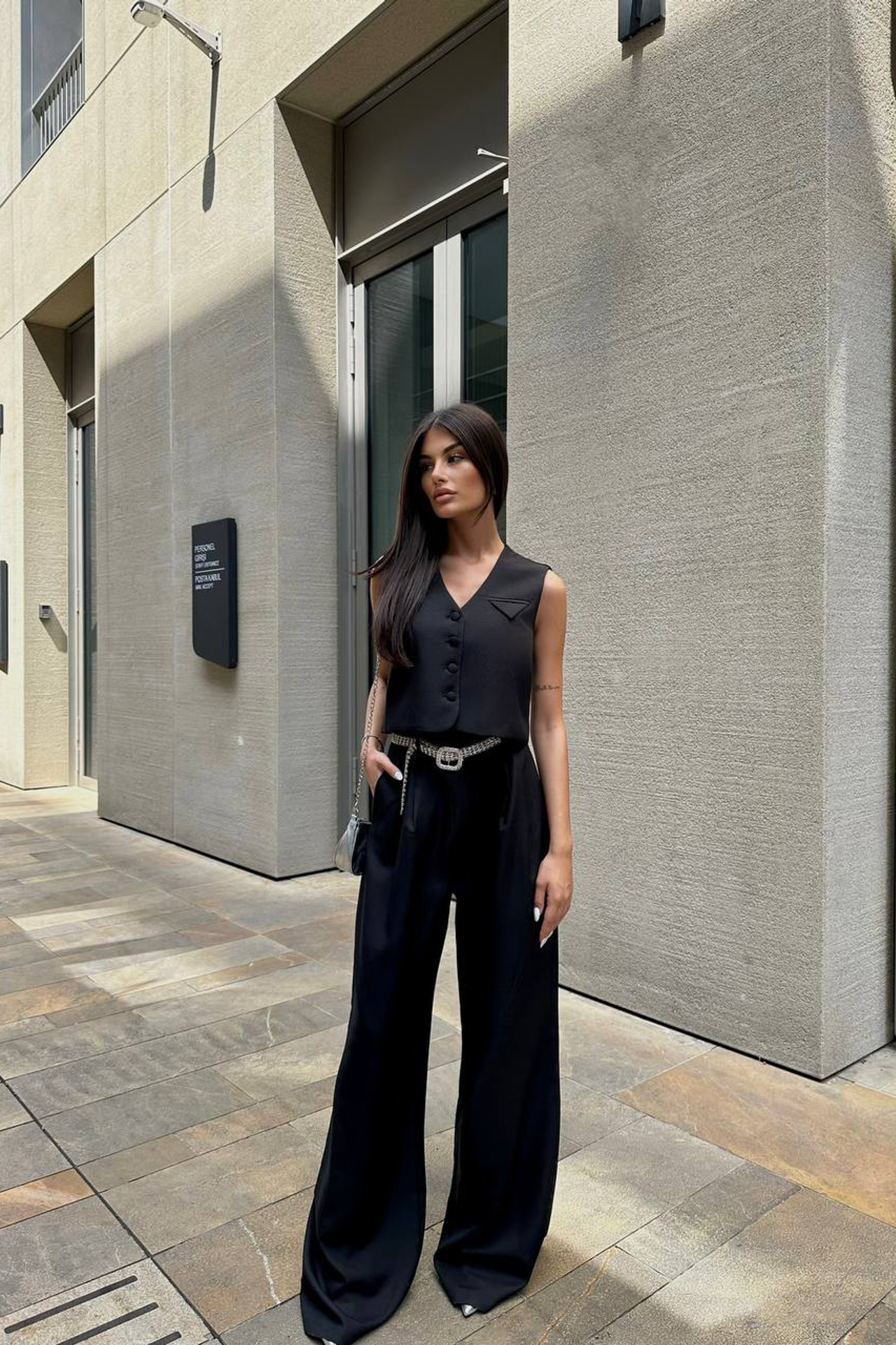 2 Pieces: V Neck Pocket Buttoned Waistcoat & High Waist Wide Leg Trousers