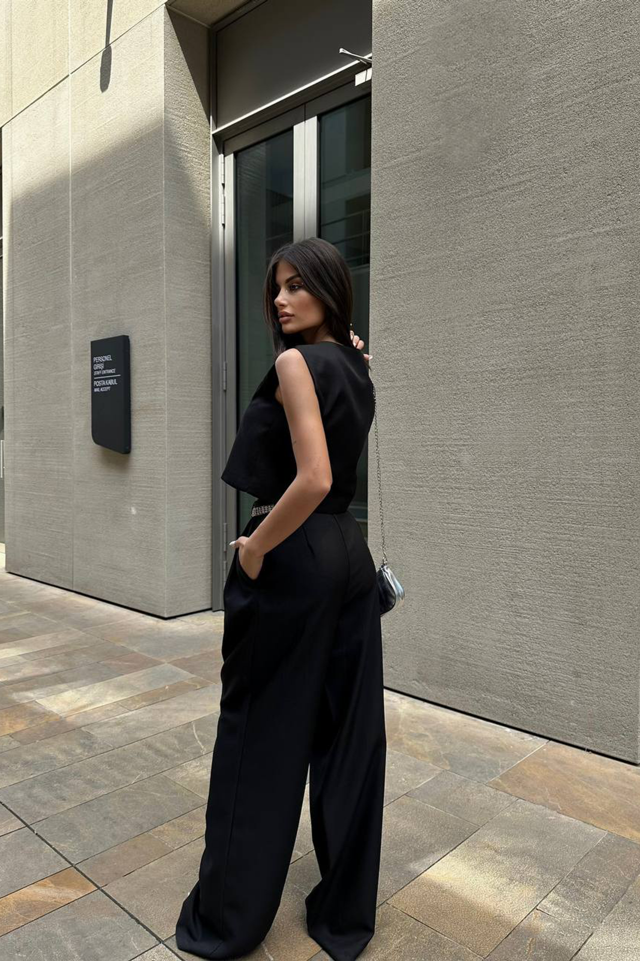 2 Pieces: V Neck Pocket Buttoned Waistcoat & High Waist Wide Leg Trousers