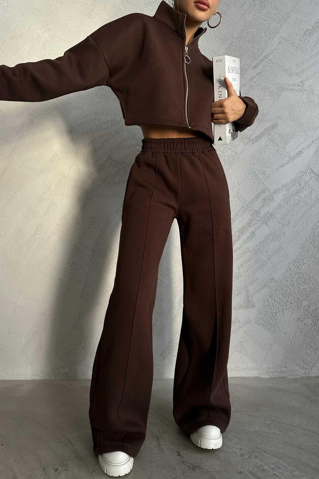 2 Pieces: High Neck Zippered Cropped Sweatshirt & High Waist Elastic Waist Wide Leg Sweatpant
