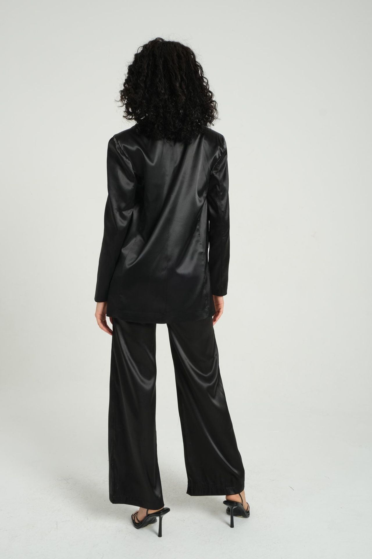 2 Pieces: Collar Satin Buttoned Oversized Blazer & High Waist Wide Leg Trousers