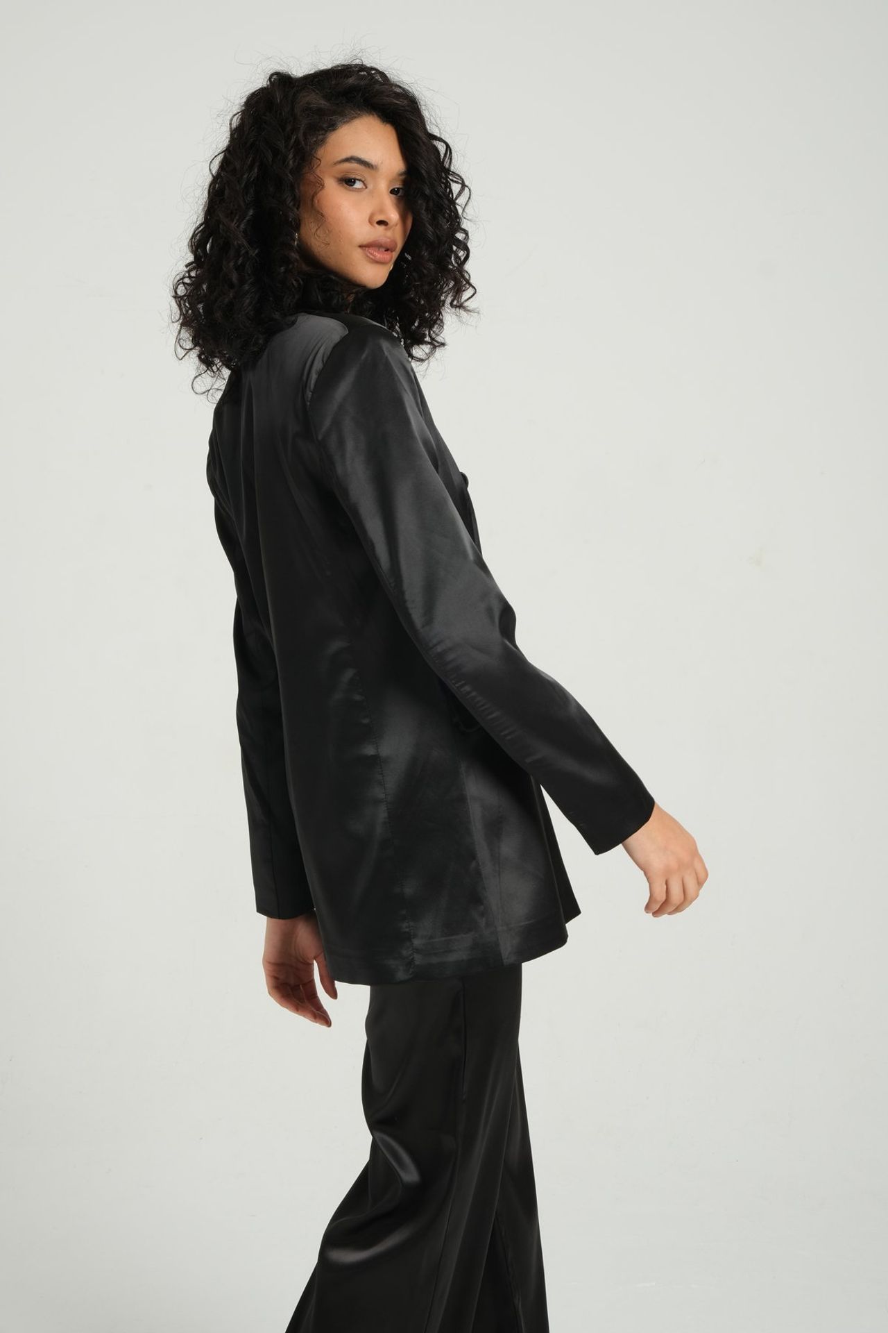 2 Pieces: Collar Satin Buttoned Oversized Blazer & High Waist Wide Leg Trousers