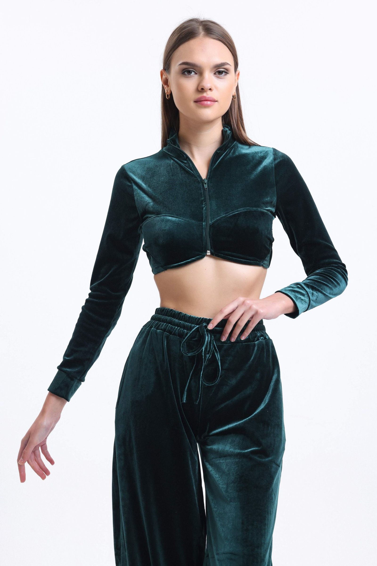 2 Pieces: V Neck Velvet Zippered Long Sleeve Cropped Top & High Waist Drawstring Jogger