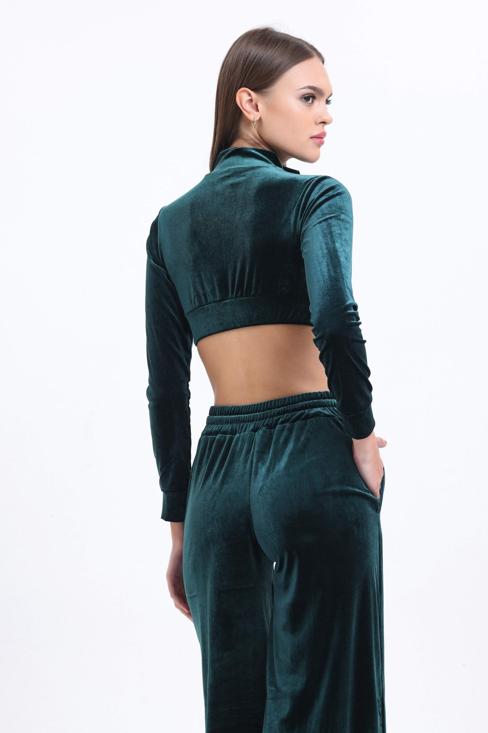 2 Pieces: V Neck Velvet Zippered Long Sleeve Cropped Top & High Waist Drawstring Jogger