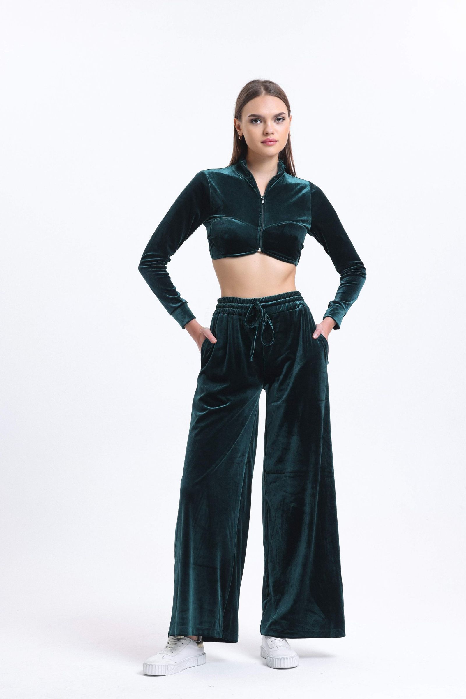 2 Pieces: V Neck Velvet Zippered Long Sleeve Cropped Top & High Waist Drawstring Jogger