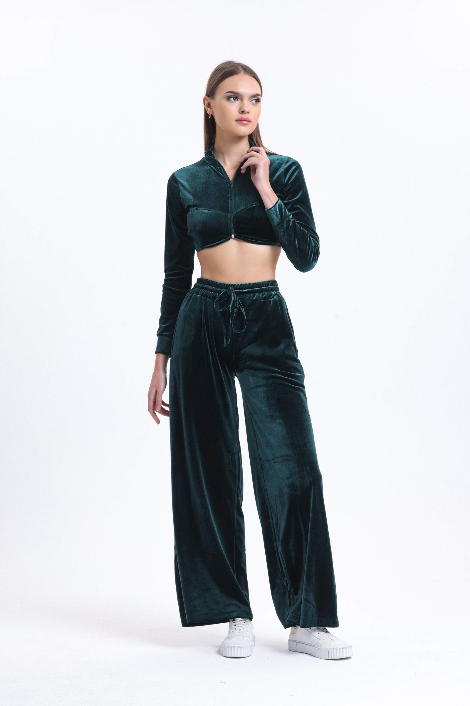 2 Pieces: V Neck Velvet Zippered Long Sleeve Cropped Top & High Waist Drawstring Jogger