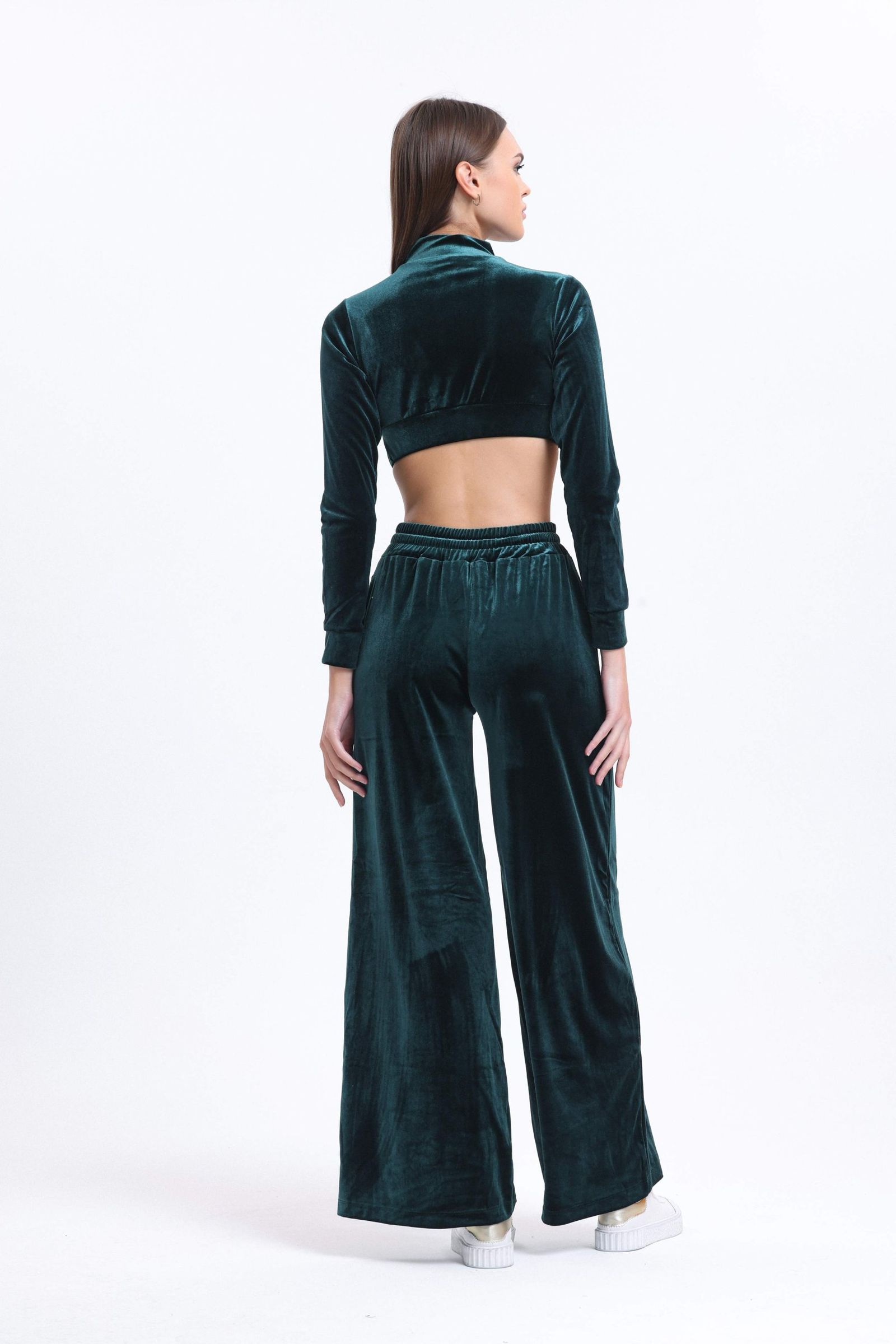 2 Pieces: V Neck Velvet Zippered Long Sleeve Cropped Top & High Waist Drawstring Jogger