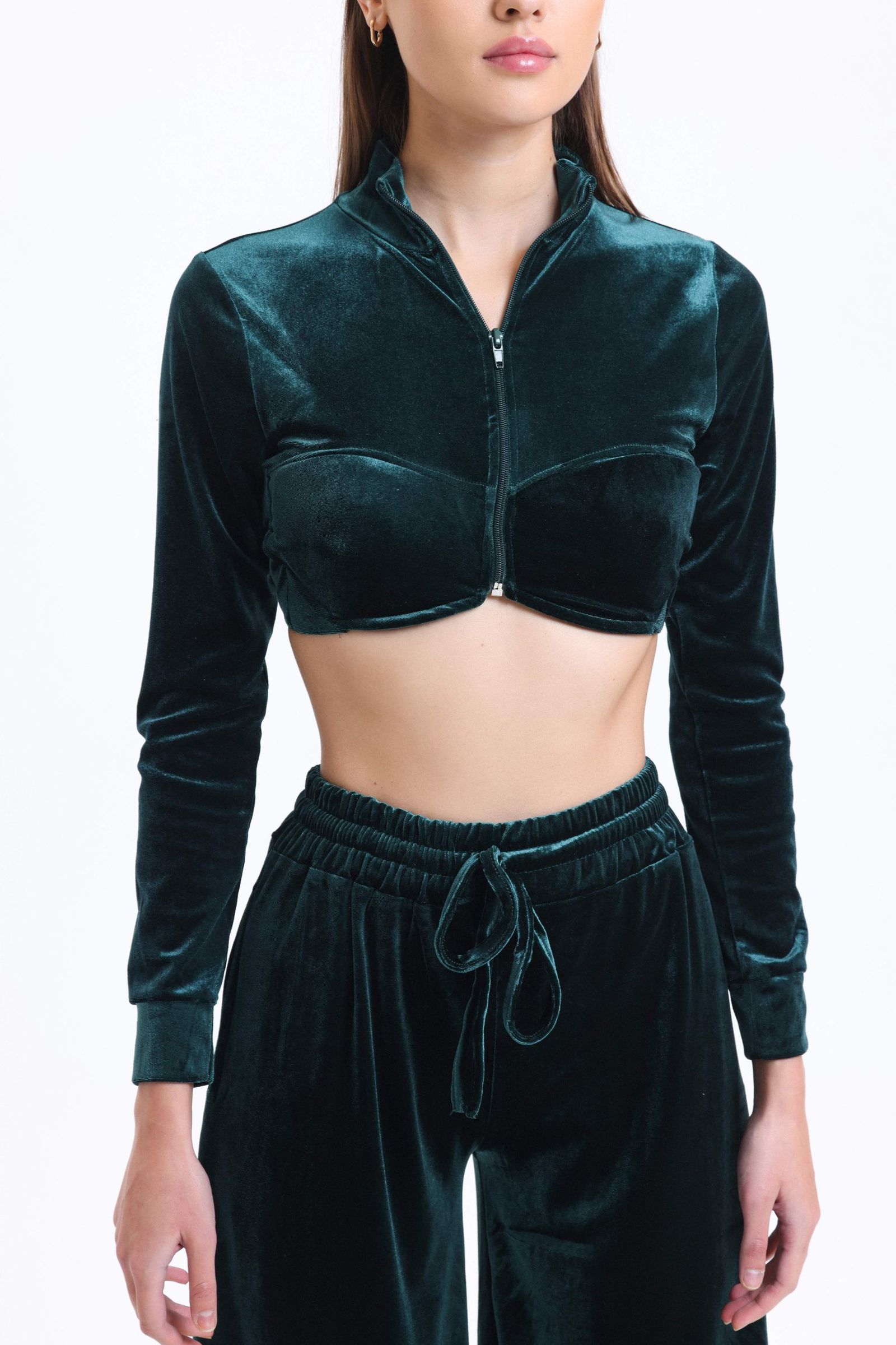 2 Pieces: V Neck Velvet Zippered Long Sleeve Cropped Top & High Waist Drawstring Jogger