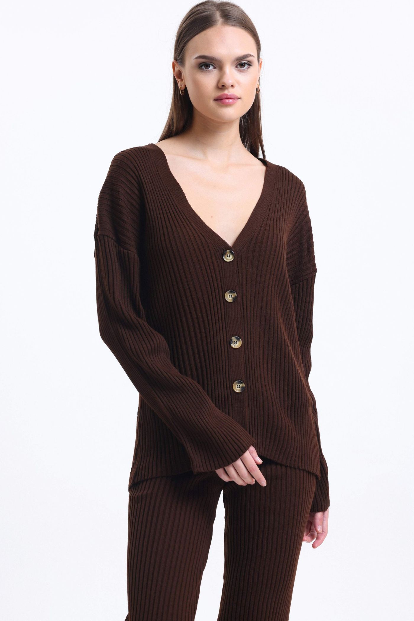 2 Pieces: V Neck Knitted Buttoned Cardigan & High Waist Drawstring Straight Leg Trousers