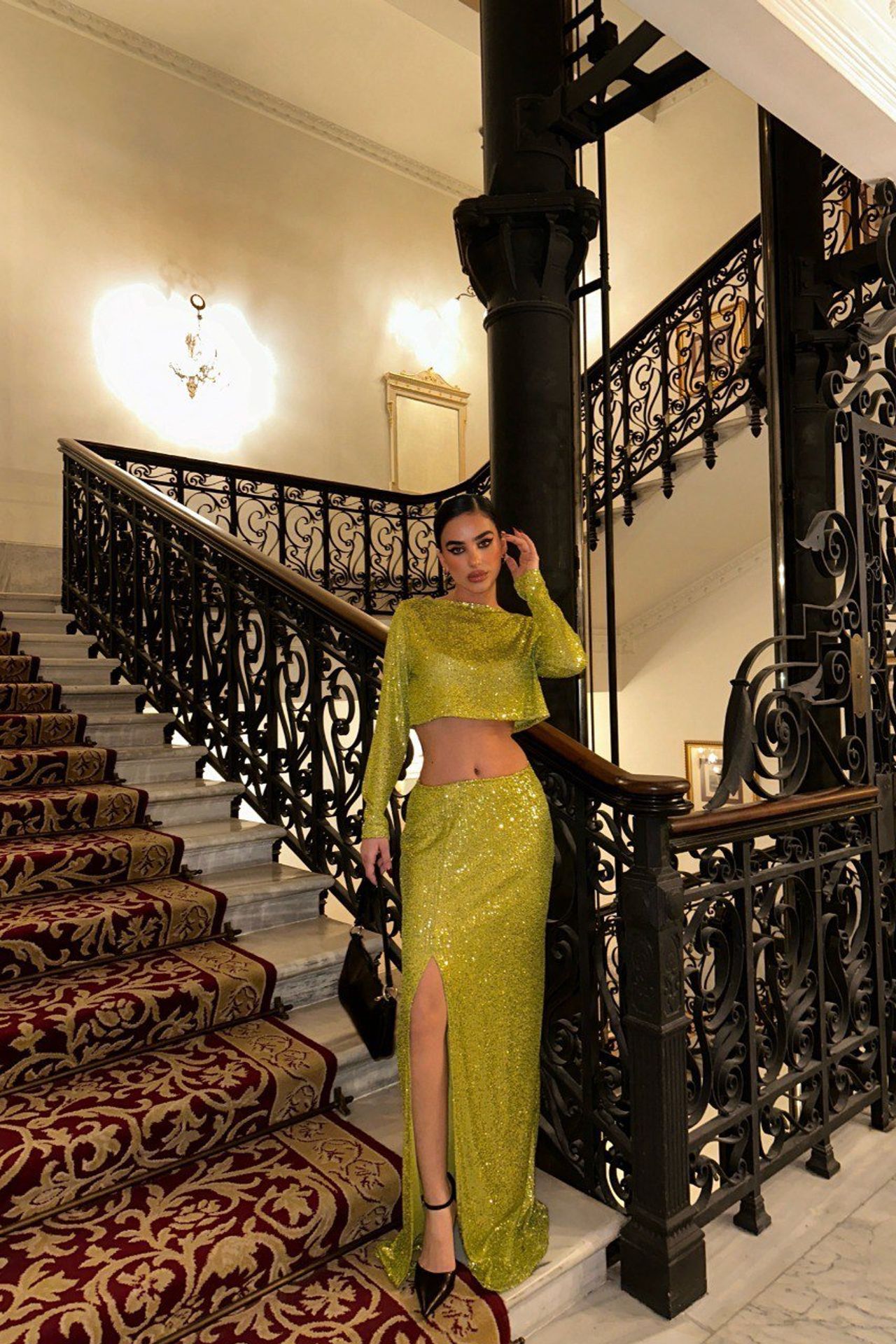 2 Pieces: Boat Neck Sequin Long Sleeve Cropped Top & Mid Rise Slit Maxi Skirt