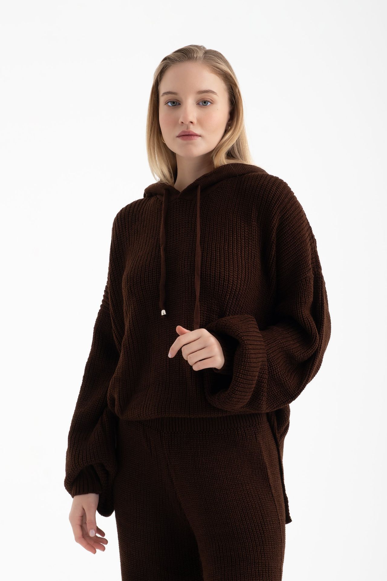 2 Pieces: Hooded Knitted Oversized Sweatshirt & Mid Rise Wide Leg Trousers