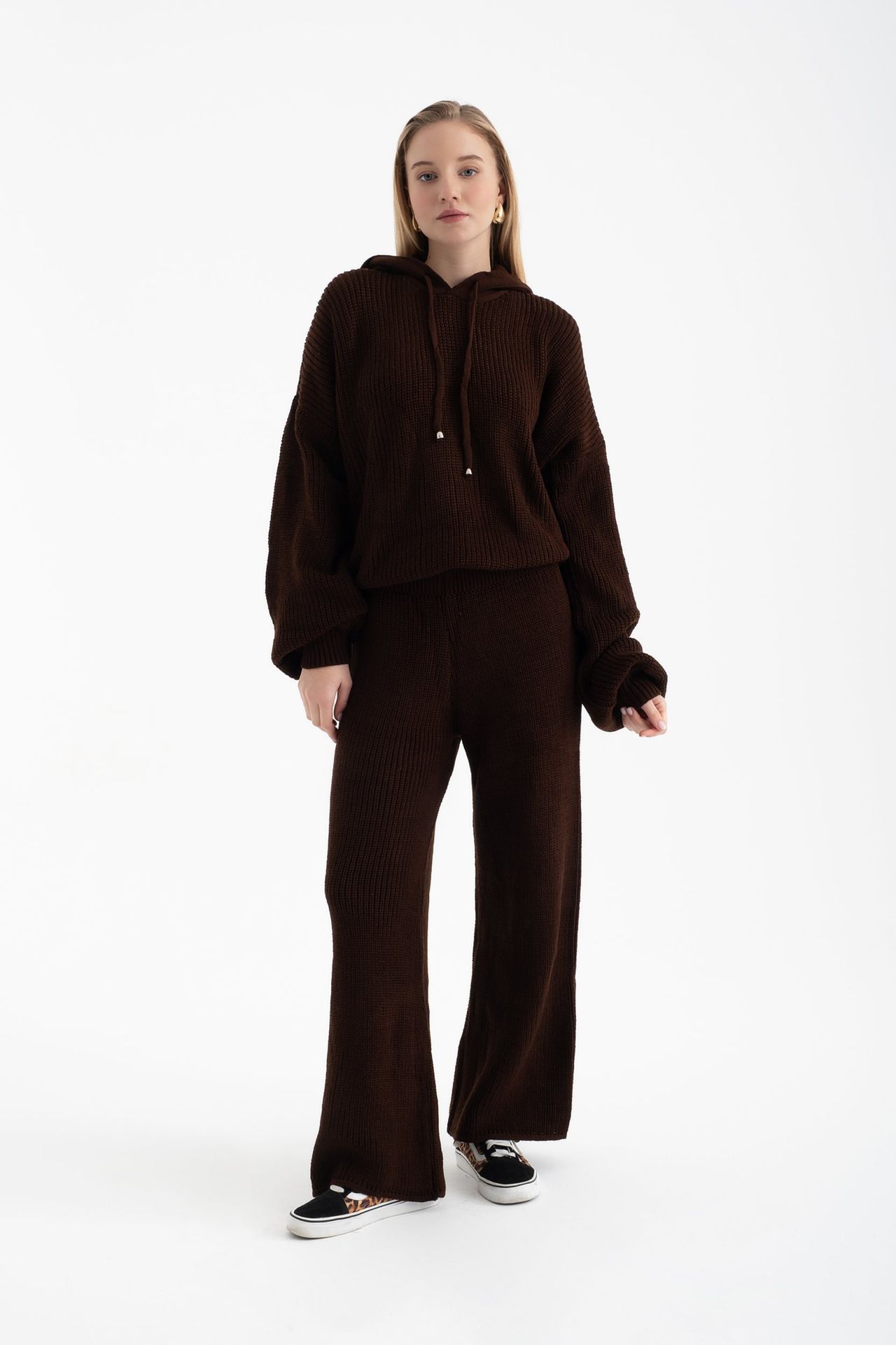 2 Pieces: Hooded Knitted Oversized Sweatshirt & Mid Rise Wide Leg Trousers