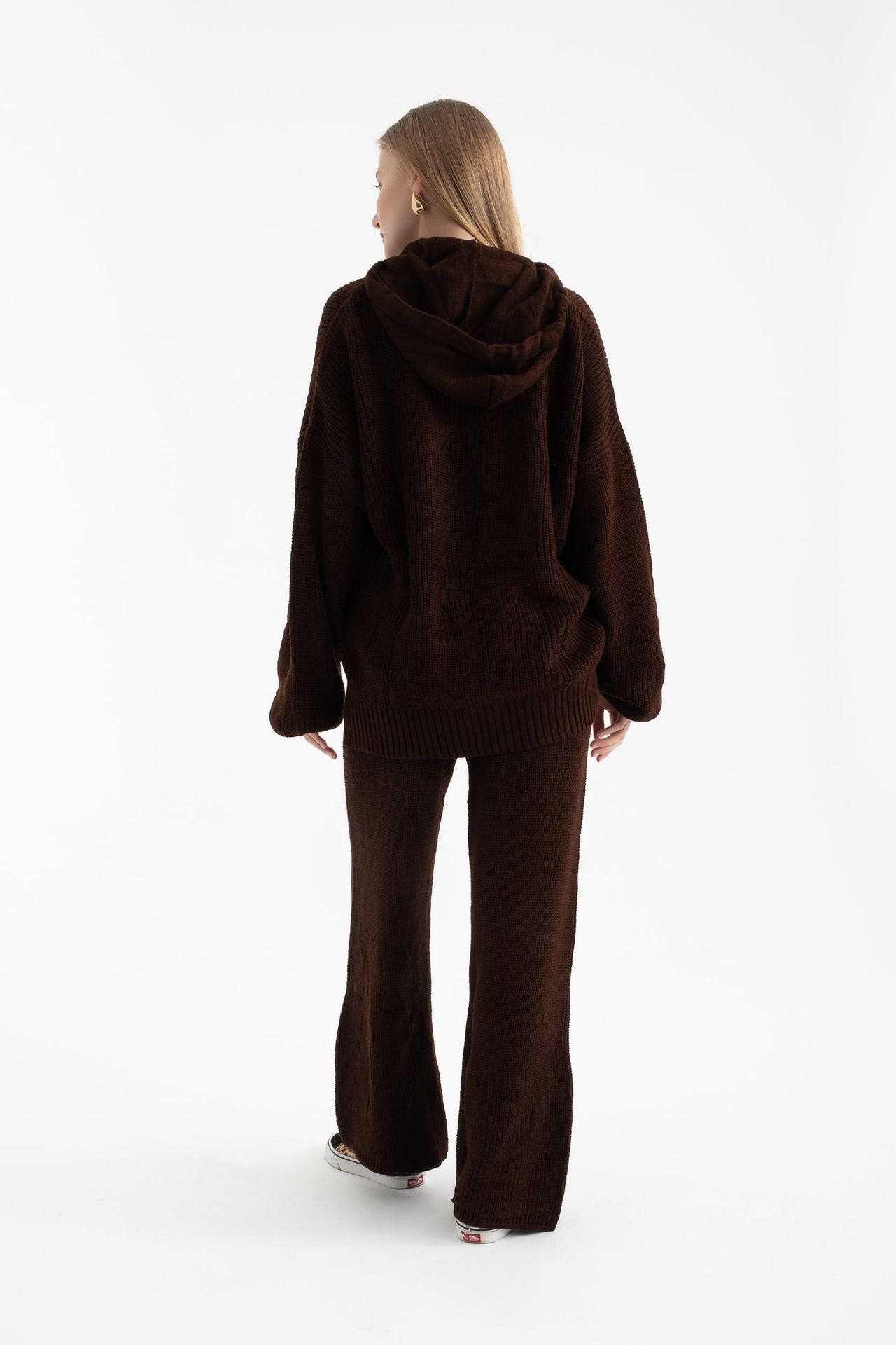 2 Pieces: Hooded Knitted Oversized Sweatshirt & Mid Rise Wide Leg Trousers