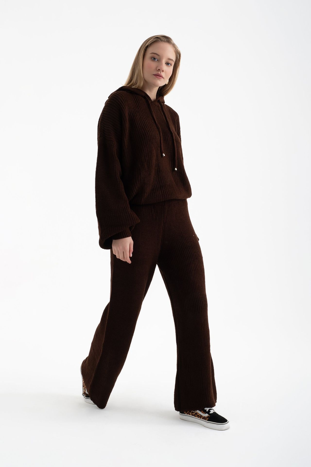 2 Pieces: Hooded Knitted Oversized Sweatshirt & Mid Rise Wide Leg Trousers