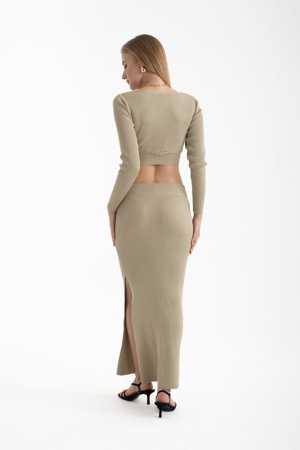 2 Pieces: V Neck Long Sleeve Crop Top & High Waist Slit Maxi Skirt 2