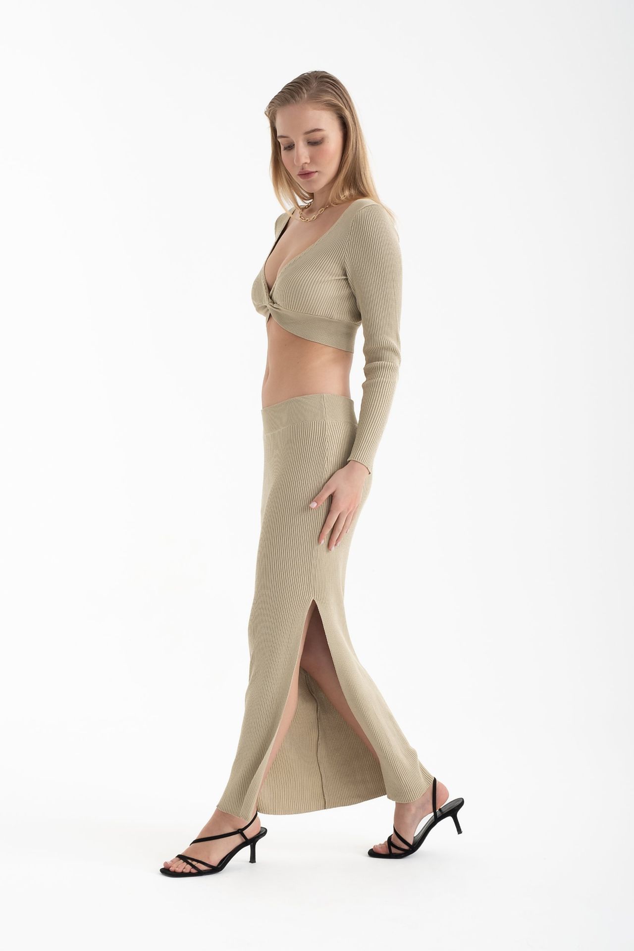 2 Pieces: V Neck Long Sleeve Crop Top & High Waist Slit Maxi Skirt