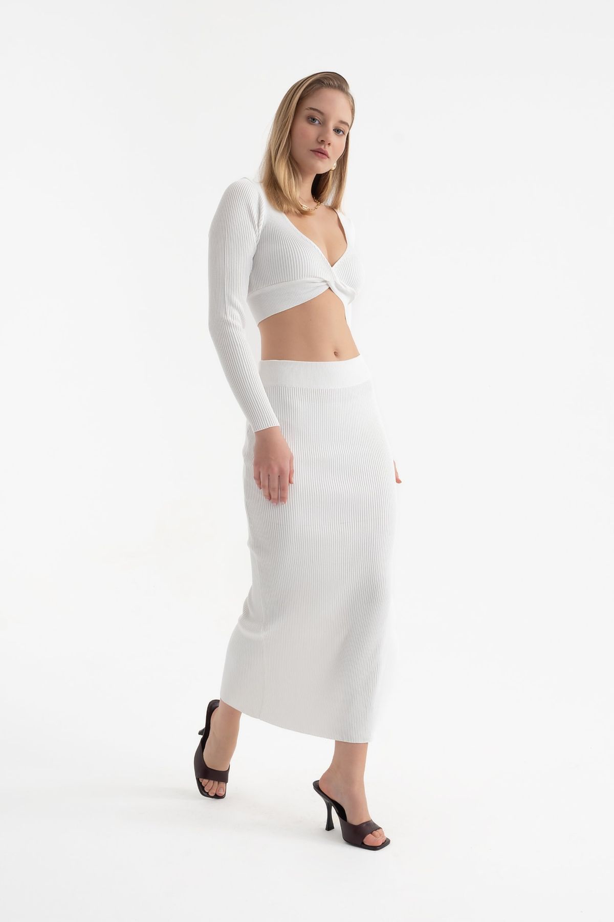 2 Pieces: V Neck Long Sleeve Crop Top & High Waist Slit Maxi Skirt